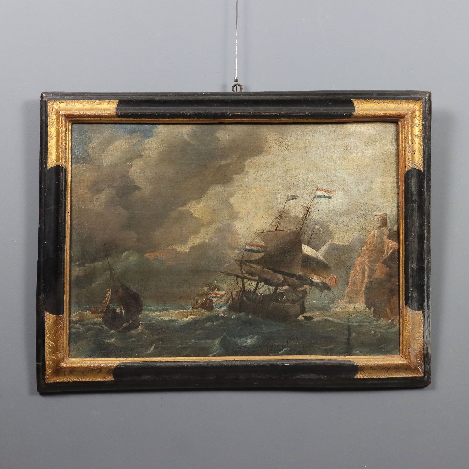 Antiek schilderij, stormachtige zee met zeilschepen, olieverf op doek, '700