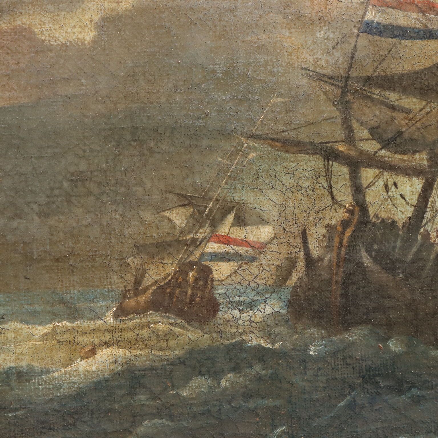 Antiek schilderij, stormachtige zee met zeilschepen, olieverf op doek, '700 photo 2840.0