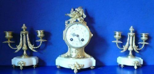 Lovely Little Marble And Ormolu Clock Garniture Of Very Petite Porportions