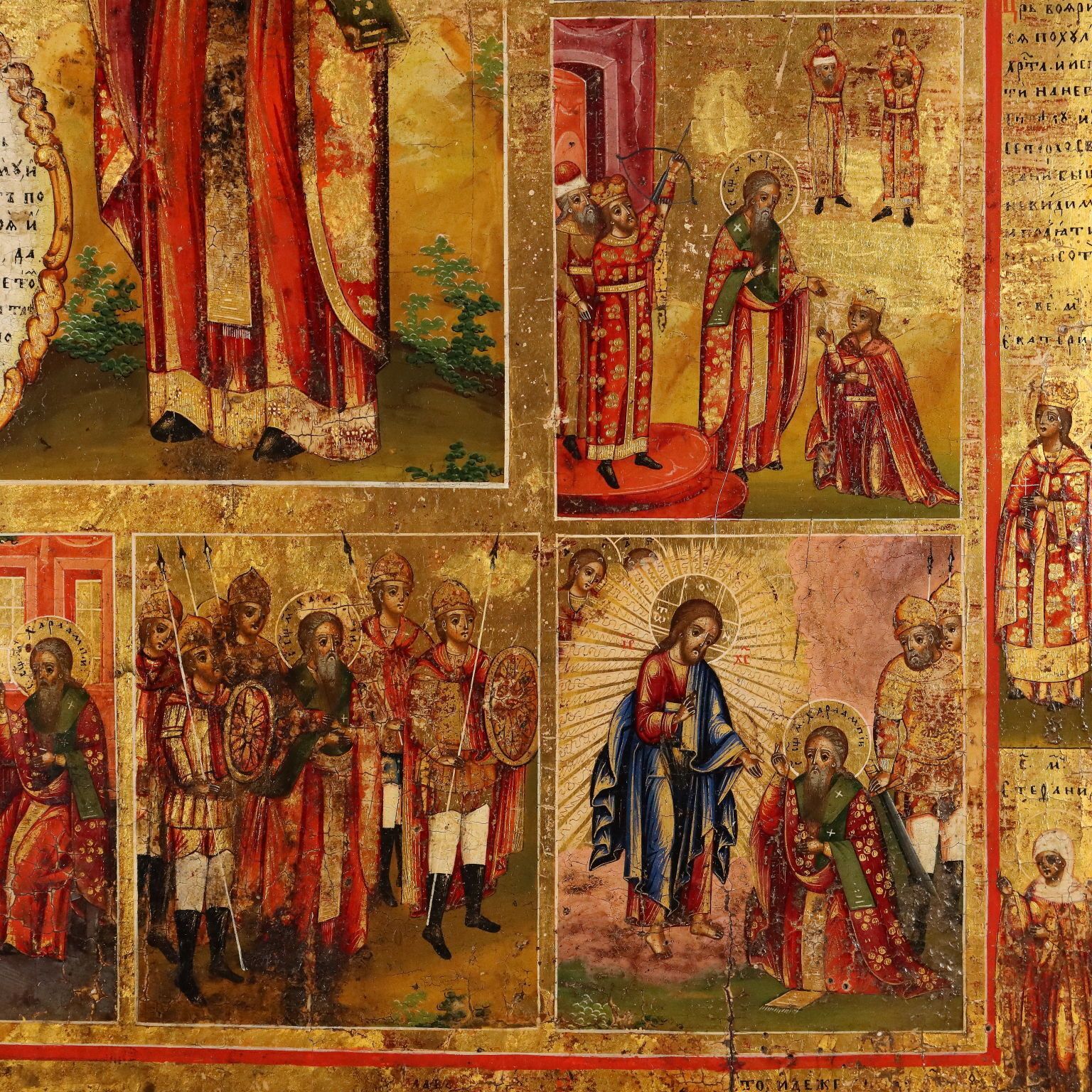 Antiek Russisch icoon, De Twaalf Feesten, tempera op paneel, 19e eeuw photo buy