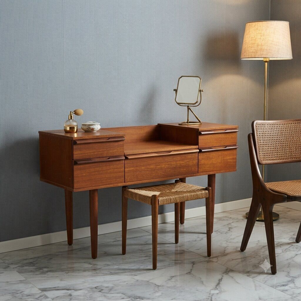 Vintage Vanity Table Teak With Drawers Design Italy 1960s photo furniture