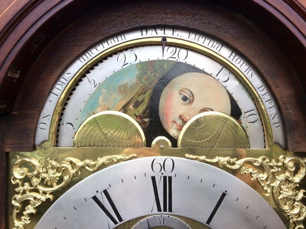 photo vintage Inlaid Mahogany 18th Century Antique Longcase Grandfather Clock By Iames Richards Liverpool Featuring An Alarm And Ferguson Tidal Dial