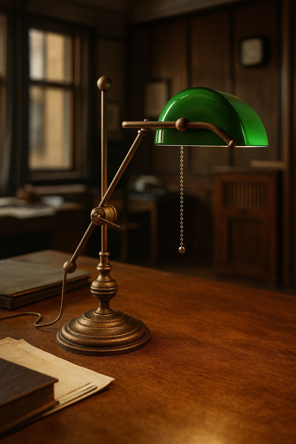Vintage Messing Bureaulamp Met Groen Glazen Kap, 50 Cm Hoog