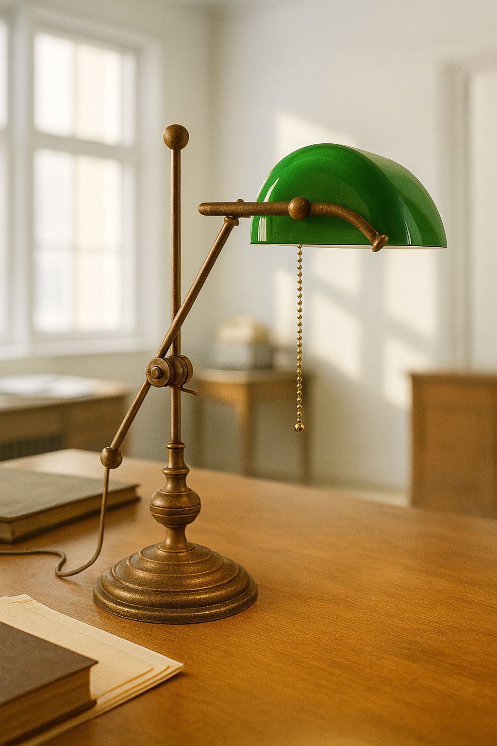 Vintage Messing Bureaulamp Met Groen Glazen Kap, 50 Cm Hoog photo 399.0