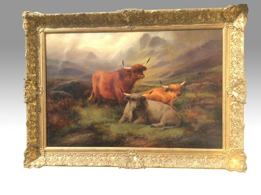 Lovely Large Antique Oil Painting,Scottish Scene Highland Cattle By John W Morris