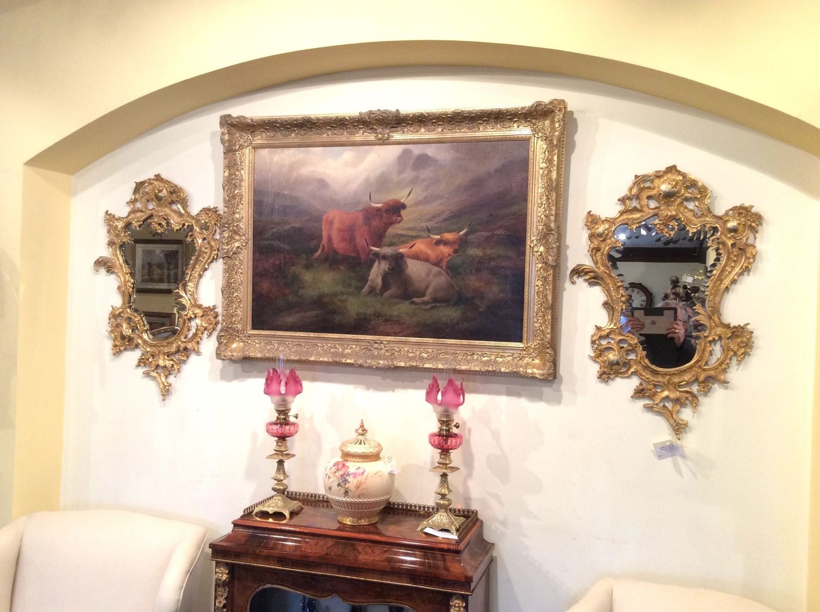 Lovely Large Antique Oil Painting,Scottish Scene Highland Cattle By John W Morris photo furniture