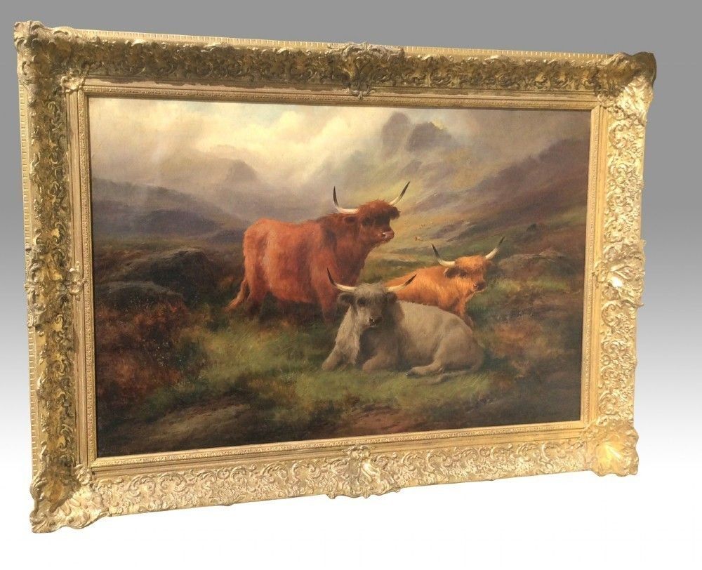 Lovely Large Antique Oil Painting,Scottish Scene Highland Cattle By John W Morris photo 5600.0