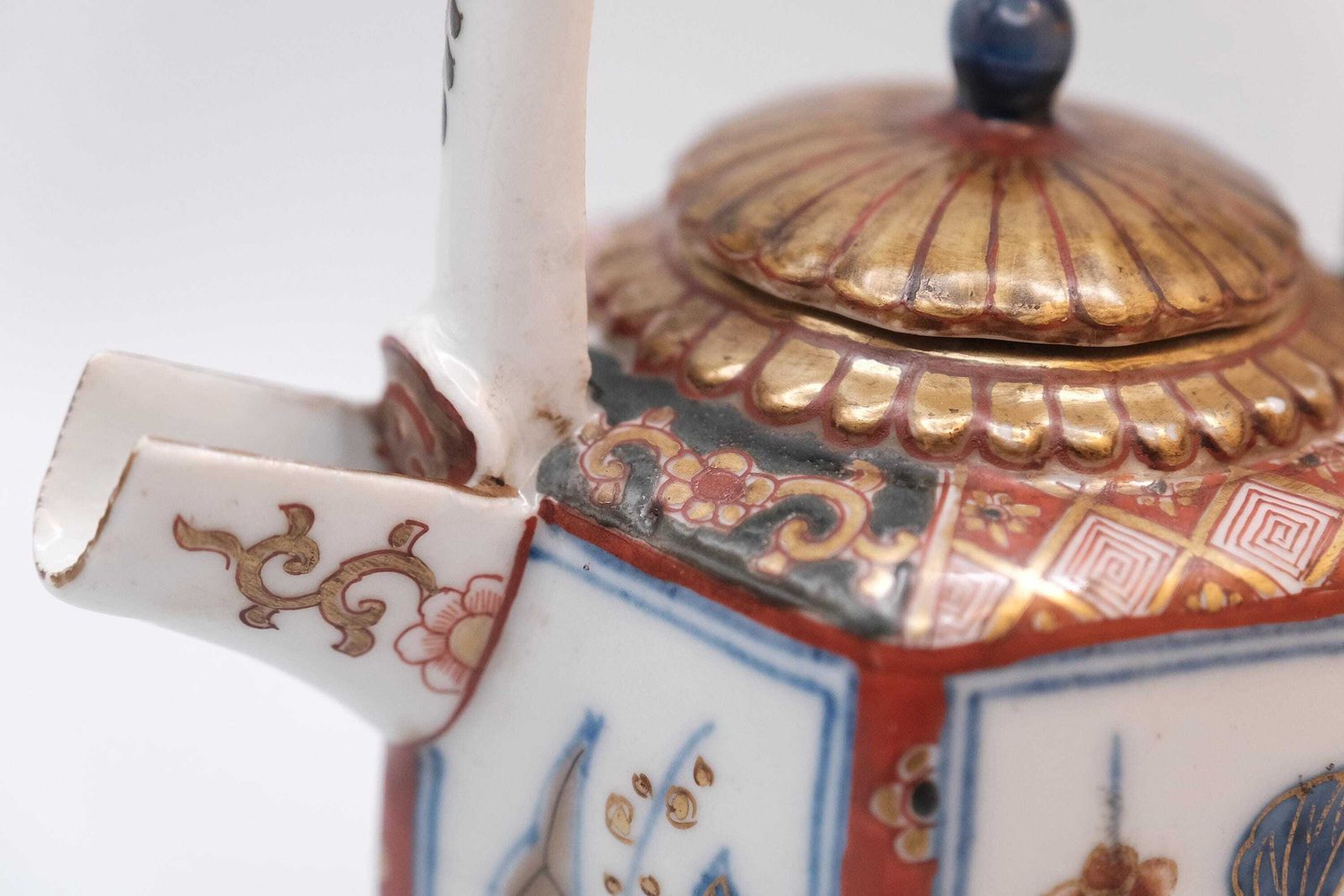 Home Decor Antique Japanese Imari Porcelain Teapot, Hexagonal Form In The Arita Export Tradition, With A Fixed Overhead Porcelain Handle. photo