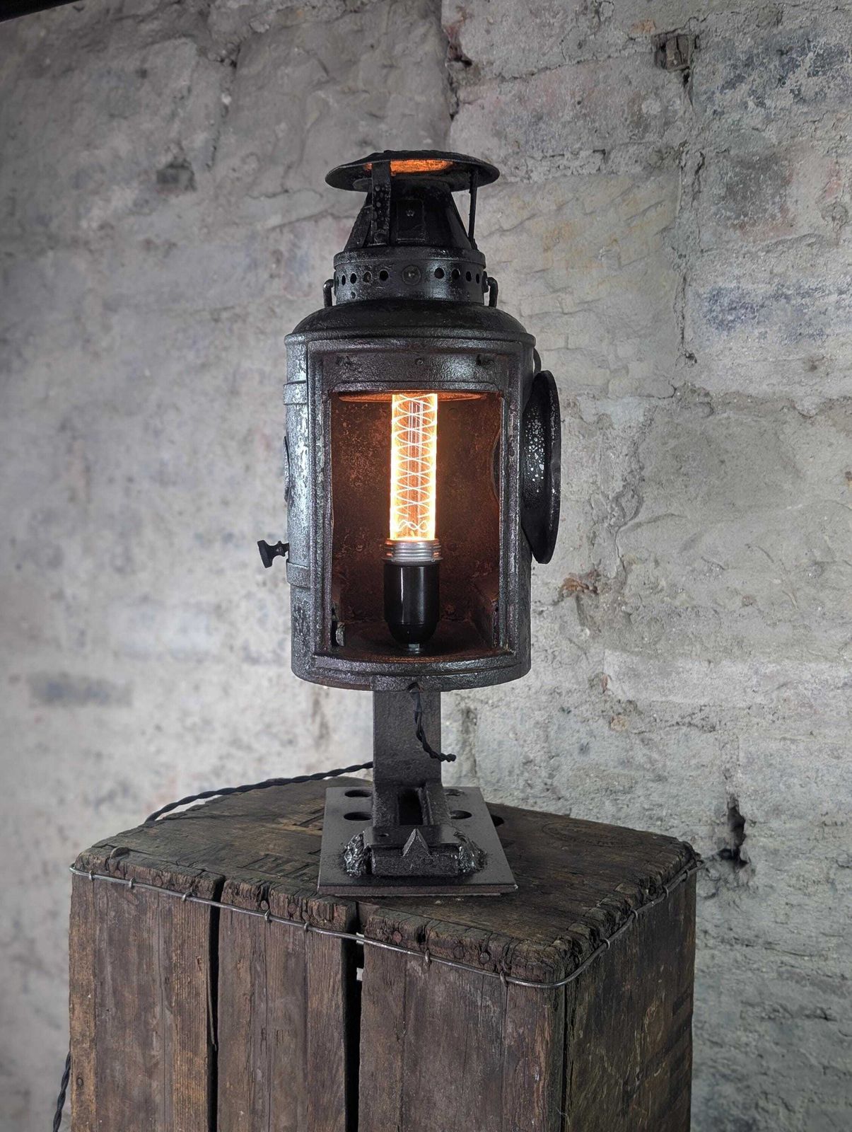 Vintage Adlake Railway Signal Lamp | Upcycled Industrial Table Lamp | British Railway Lantern | Antique Railway Lighting | One Of A Kind photo for sale
