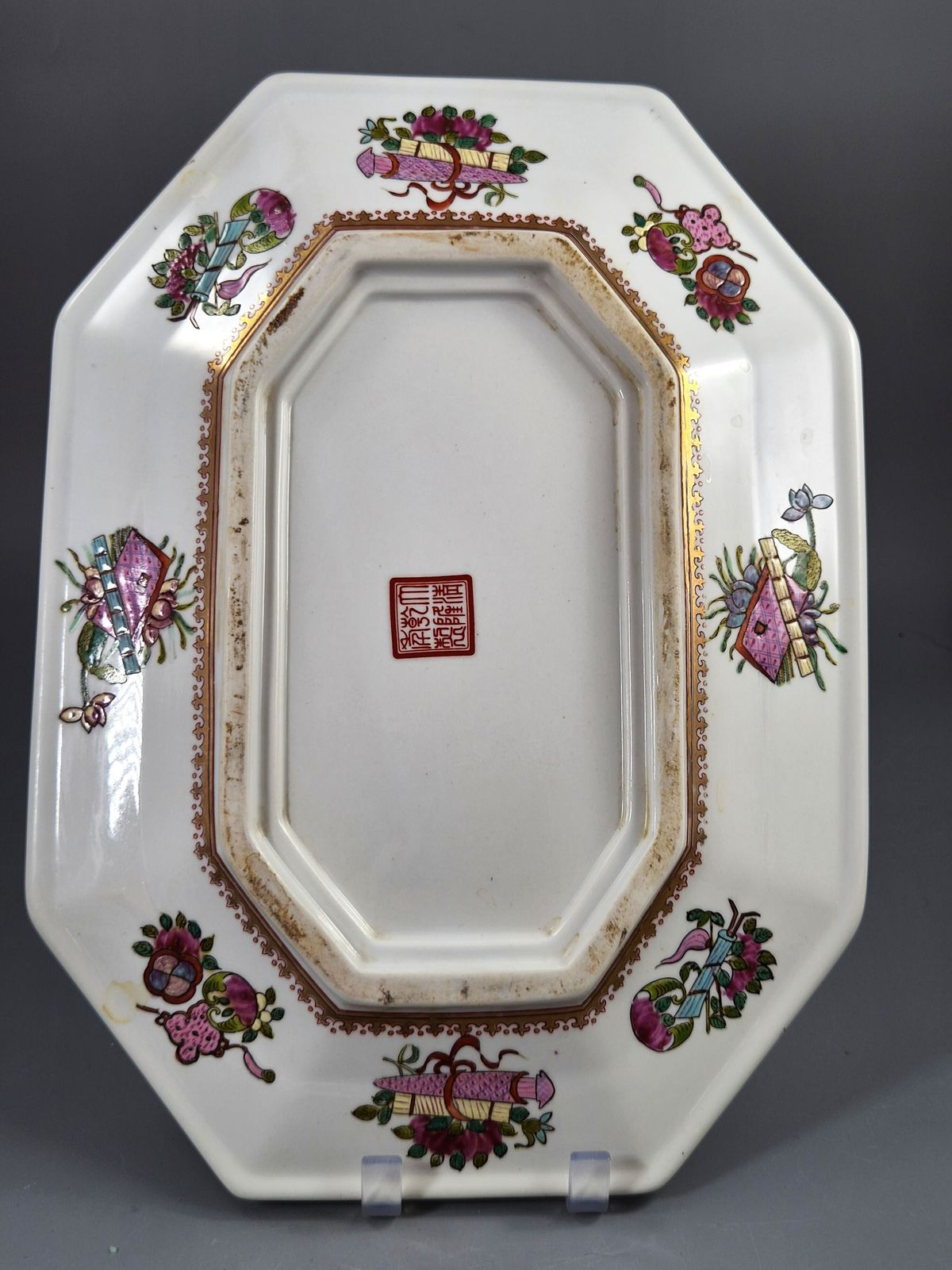 Chinees Famille Rose Octagonaal Dienblad, Tuinpaviljoenscène, Qianlong-merk, Begin 20e Eeuw photo Woonaccessoires