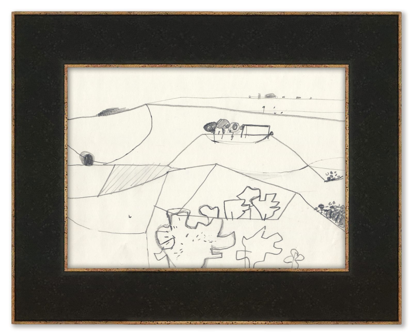 Ingelijst landschapstekening in potlood uit 1978 van Henry Cliffe