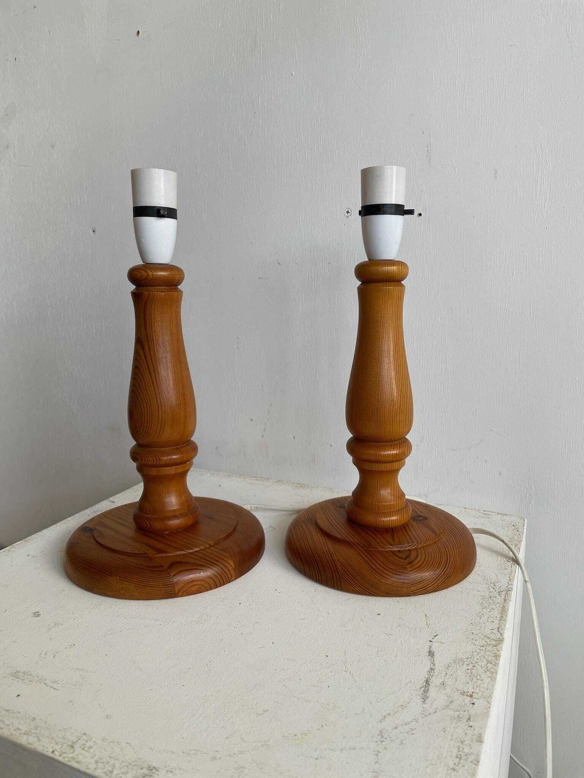 Vintage Pair Of 80s Pine Turned Wood Table Lamps