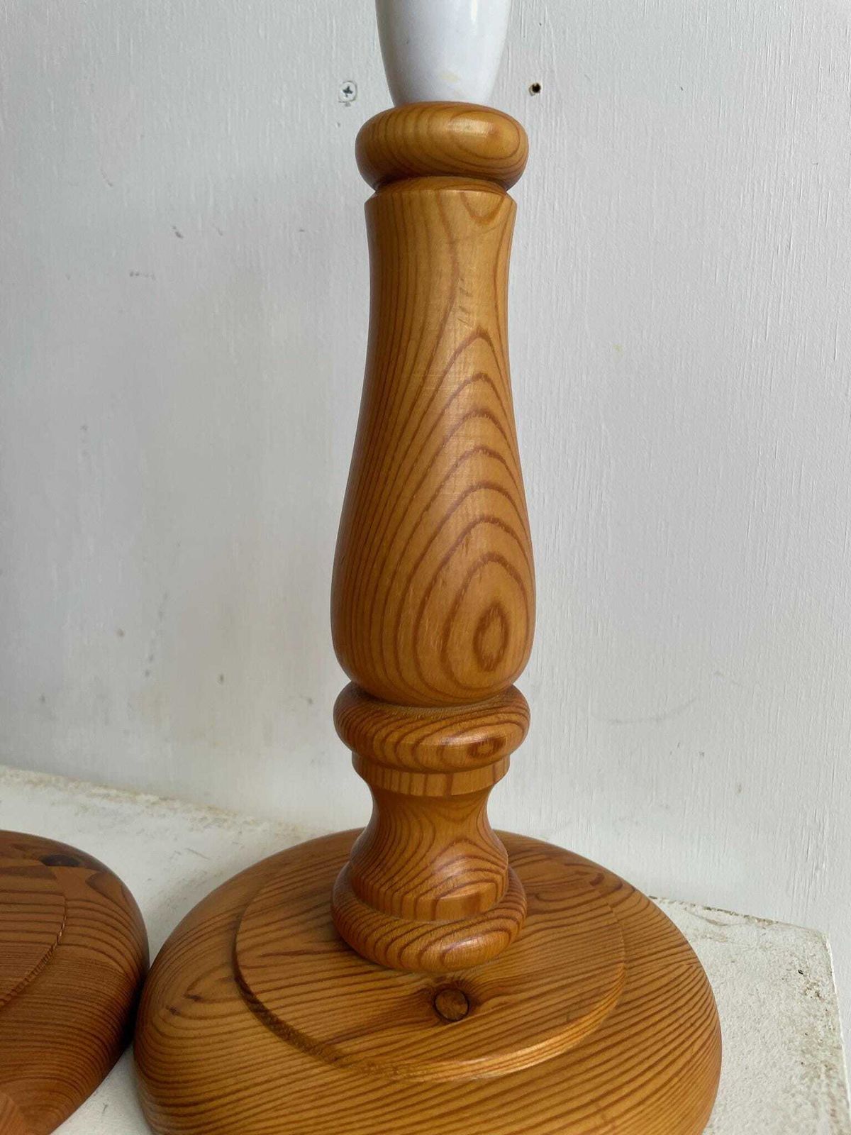 Vintage Pair Of 80s Pine Turned Wood Table Lamps photo furniture