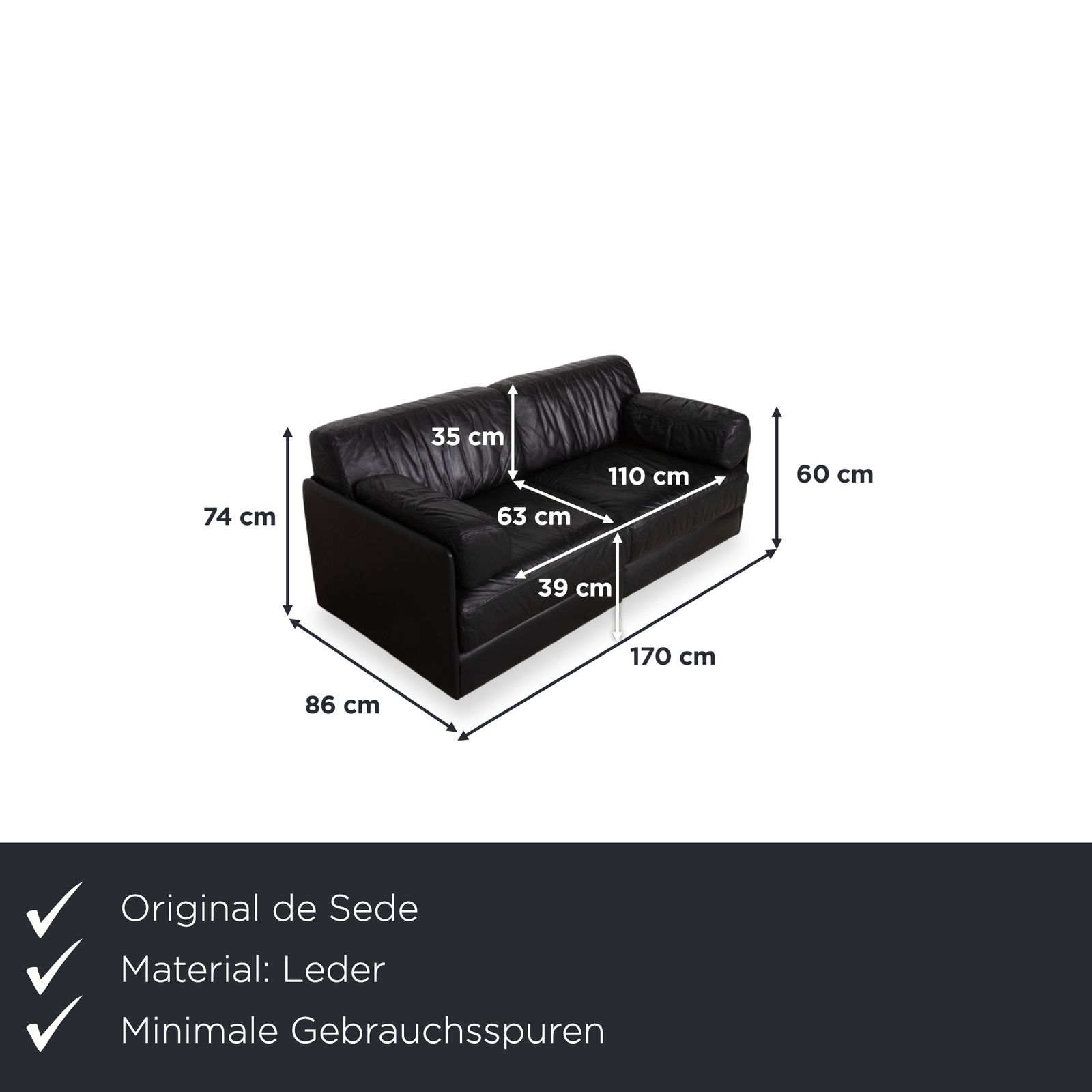 De Sede DS-78 Leather Two Seater Black Sofa Manual Function Sleeping Function photo furniture