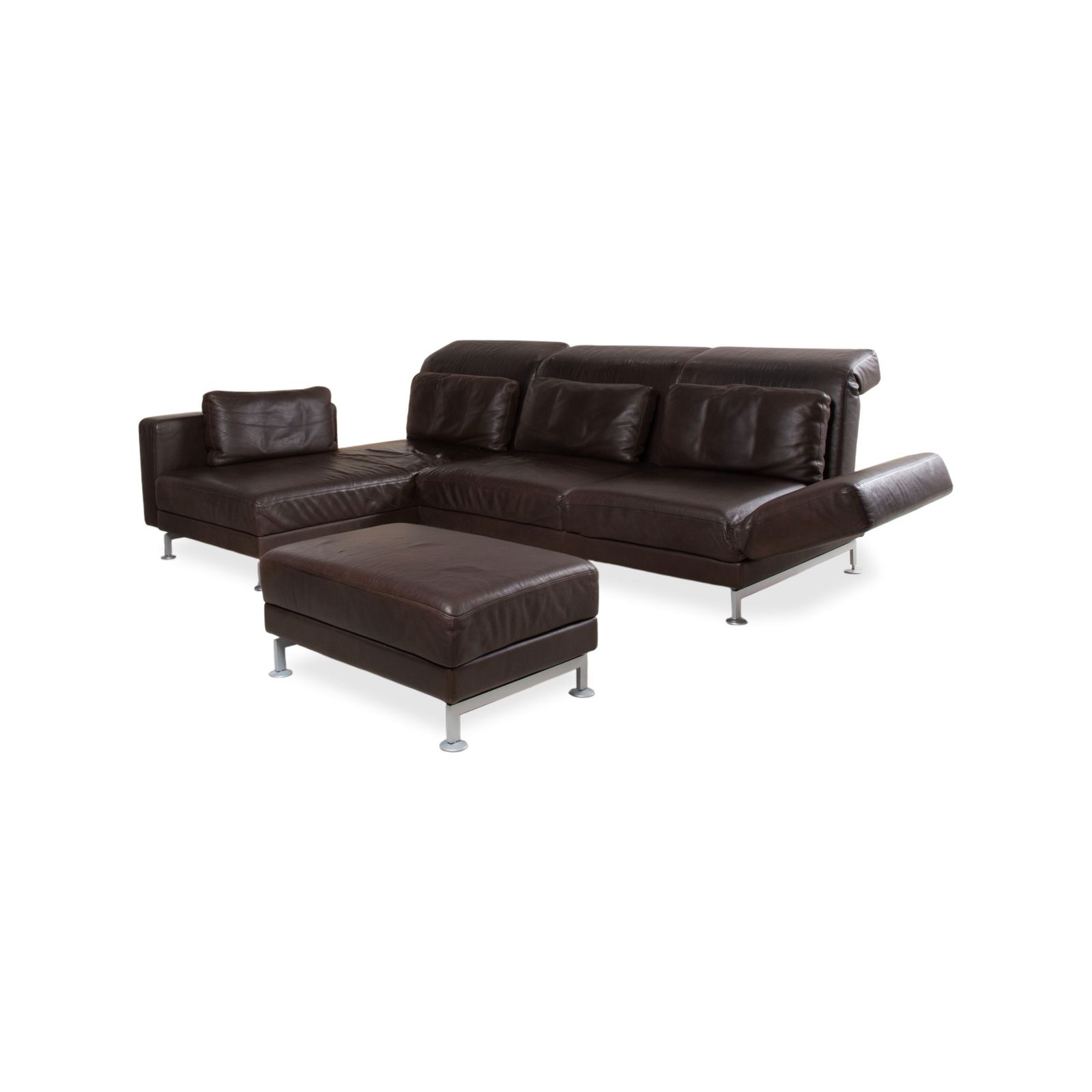 Canapé d'angle Brühl Moule en cuir marron, ottoman, chrome, fonction manuelle