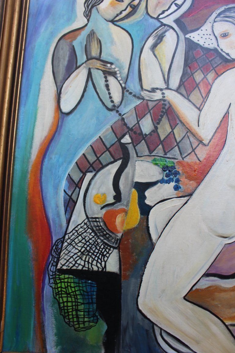 Modernistisch Hongaars schilderij in olieverf, Drie Gratiën, hommage aan Béla Kádár photo 850.0