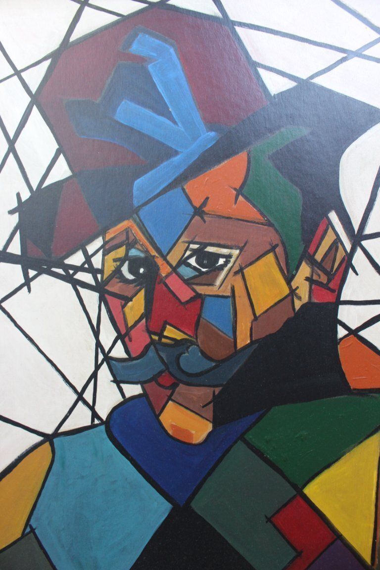 Man In Hat Contemporary Cubist Style Figurative Acrylic Painting Framed photo furniture