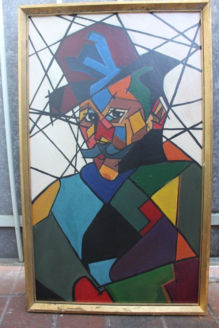 Man met hoed, figuratief acrylschilderij in cubistische stijl, ingelijst photo Kunst