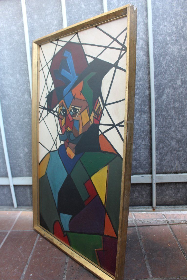 Man met hoed, figuratief acrylschilderij in cubistische stijl, ingelijst photo 800.0