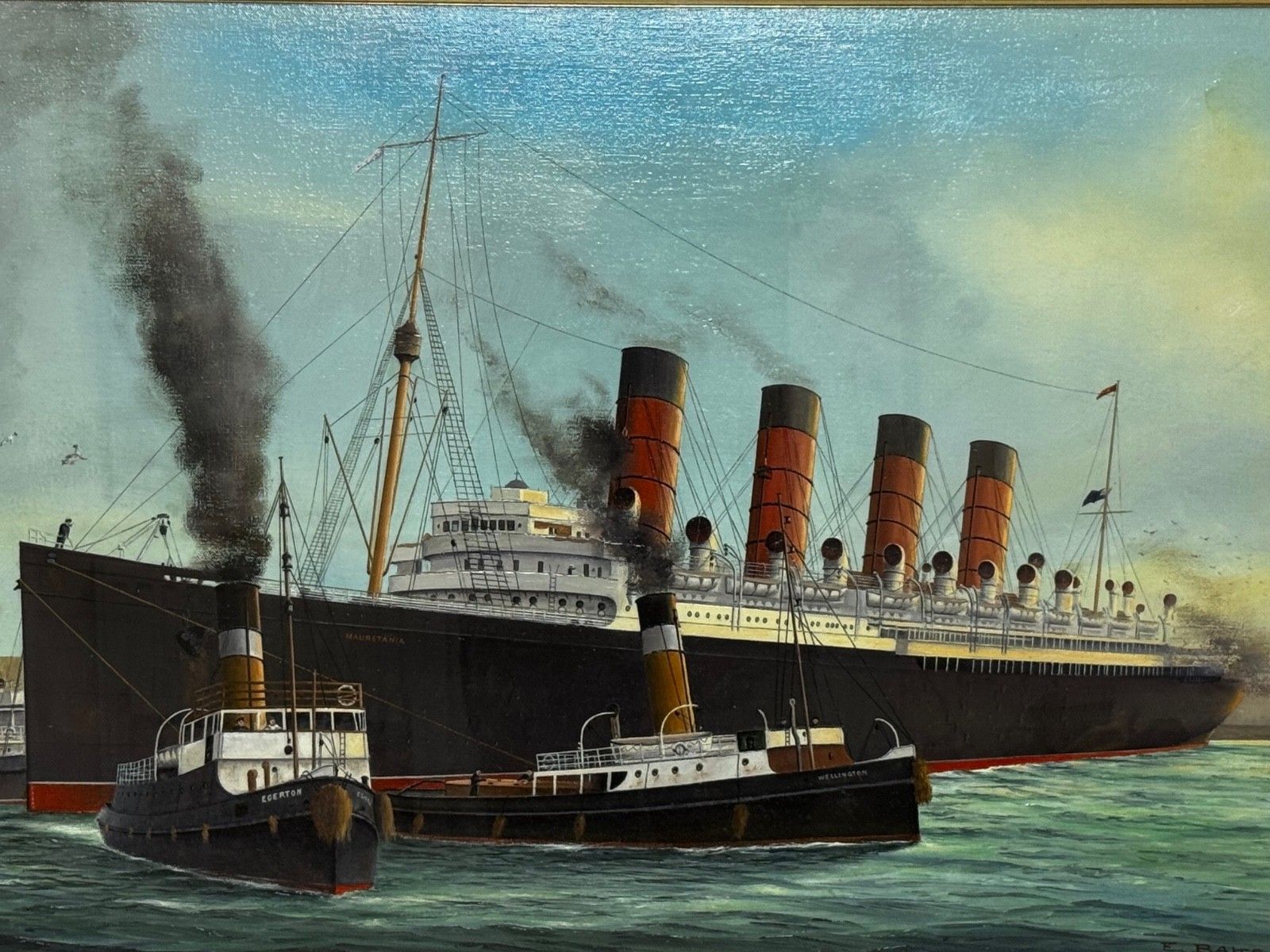 Large Oil Painting Docking The Rms Mauretania Ship At Sandon Half Tide Dock photo furniture