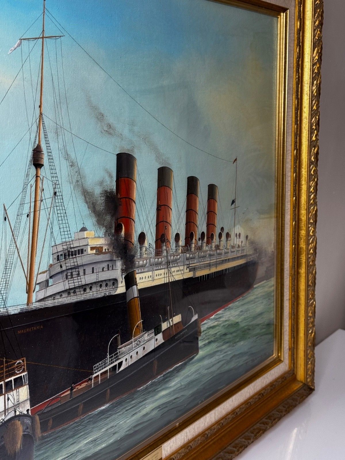 Groot olieverfchilderij, het aanmeren van het RMS Mauretania-schip bij Sandon Half Tide Dock photo 10000.0