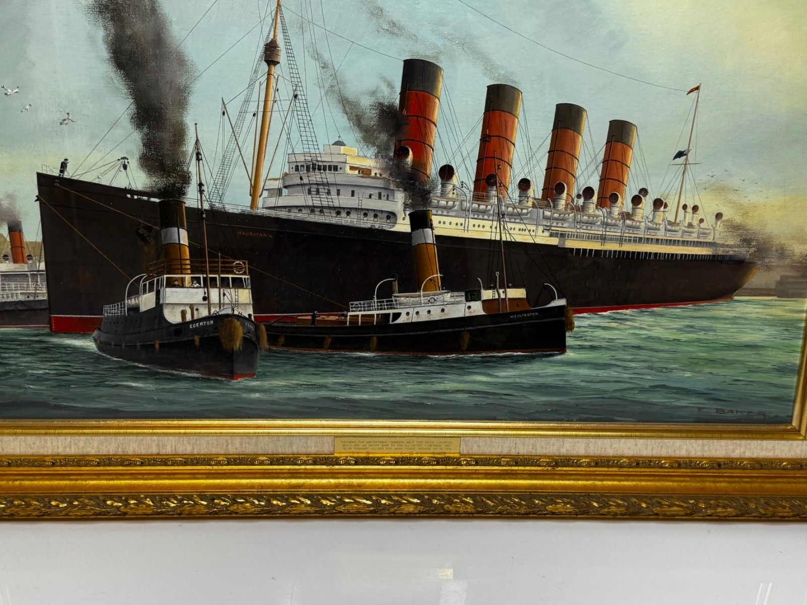 Groot olieverfchilderij, het aanmeren van het RMS Mauretania-schip bij Sandon Half Tide Dock photo vinterior