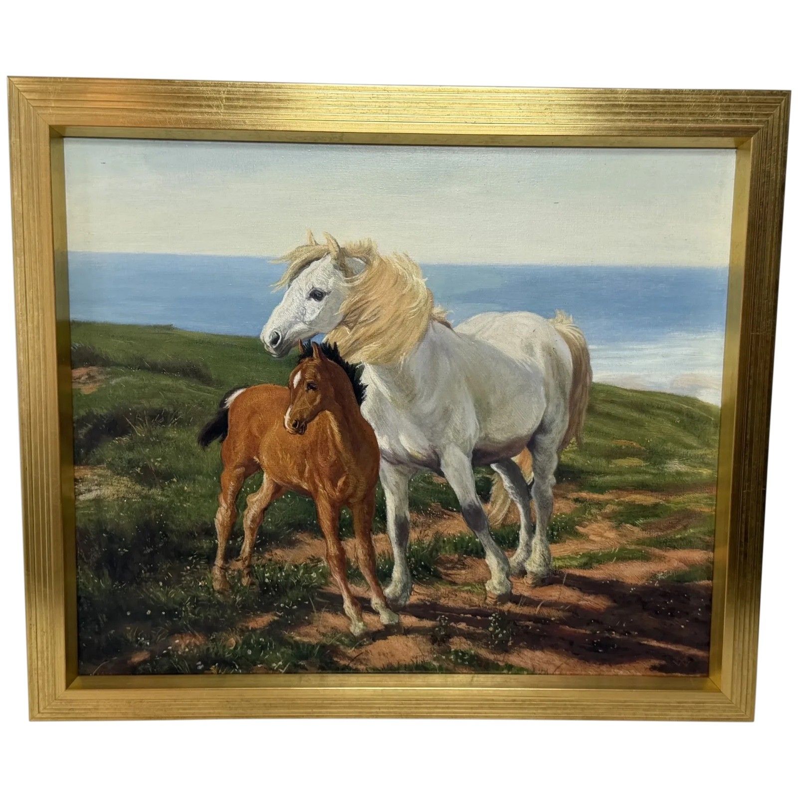 Equestrian olieverfschilderij grijze merrie naast voskleurig veulen "Mother And Son"