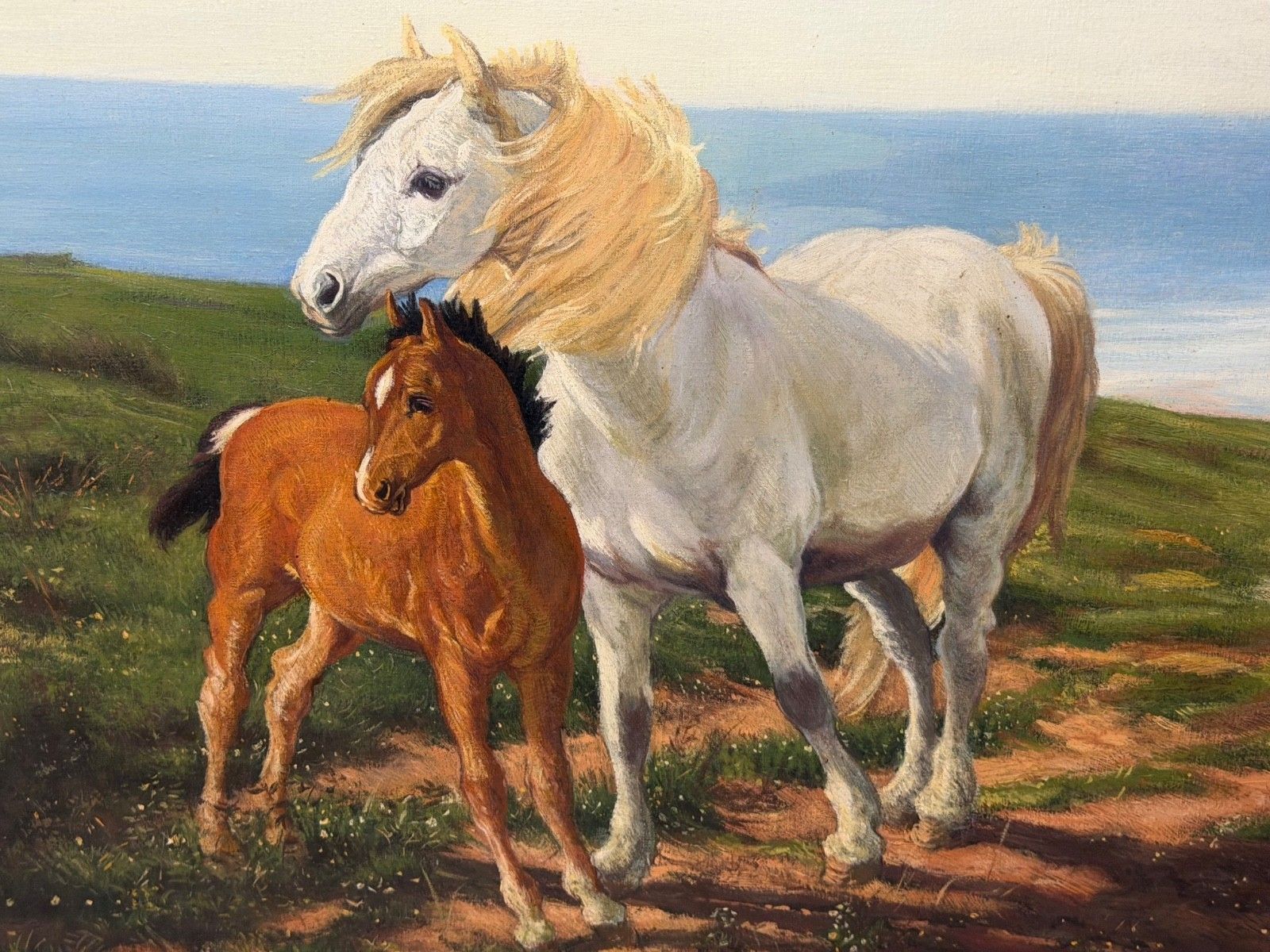 Equestrian olieverfschilderij grijze merrie naast voskleurig veulen "Mother And Son" photo for sale