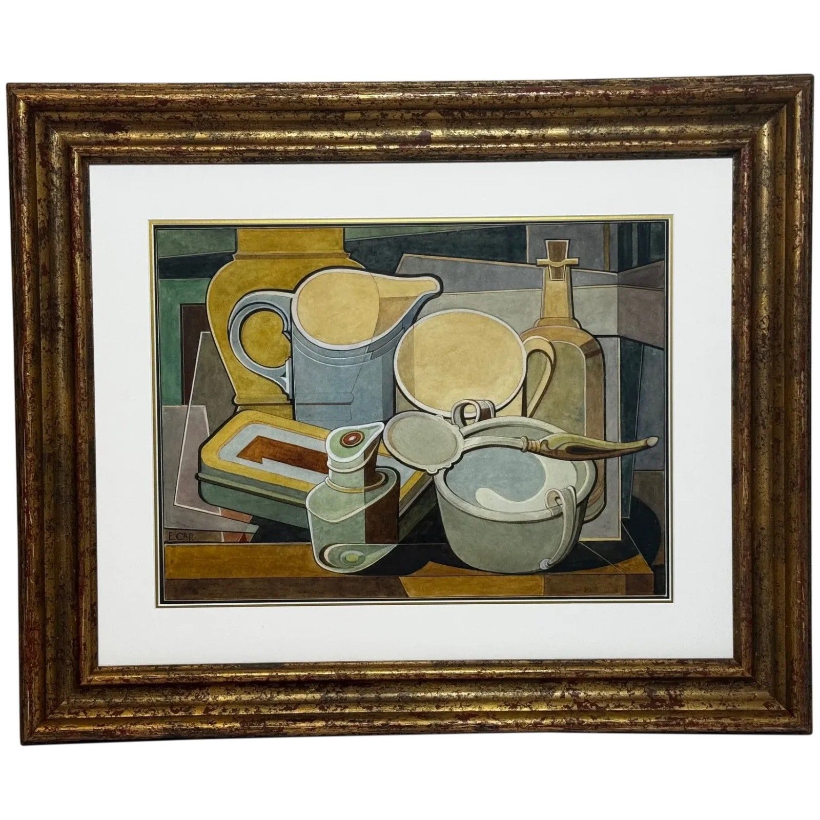Cubistisch schilderij, huishoudelijke keukengeometrie, ca. 1925, gesigneerd door Edward Carter Preston