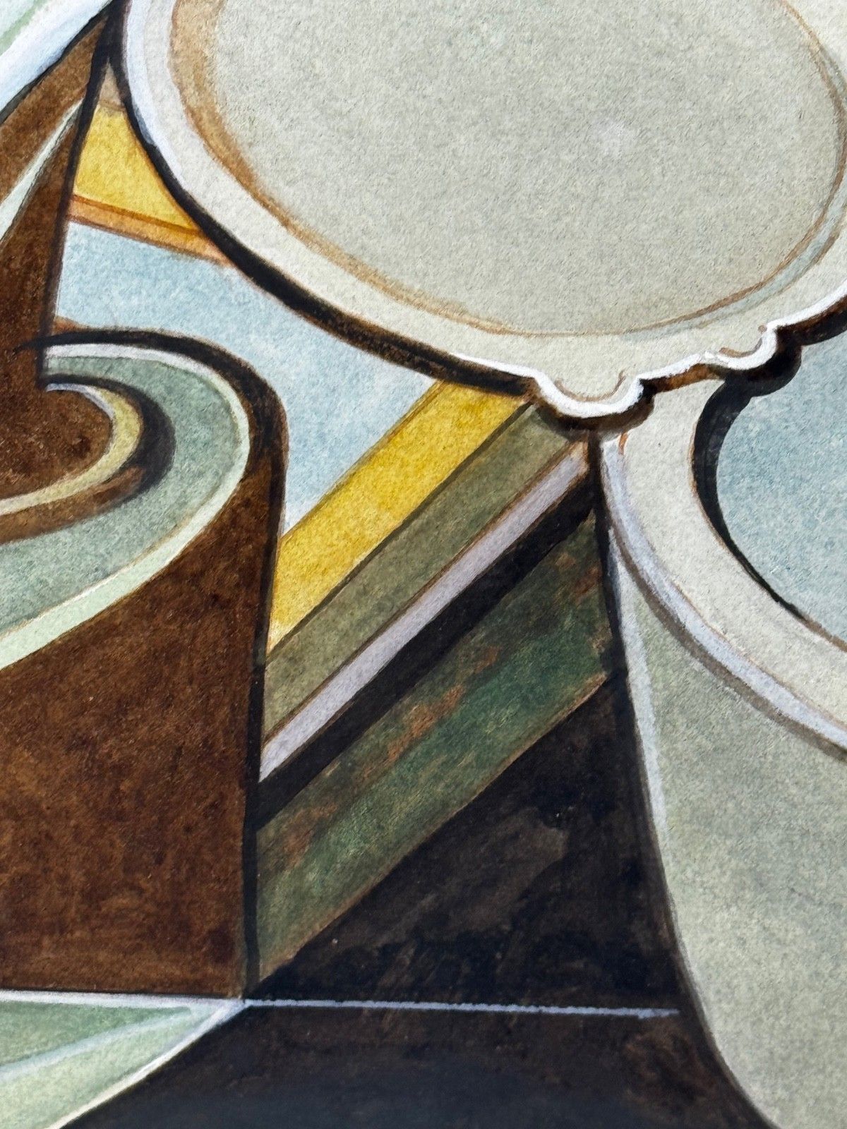 photo vintage Cubistisch schilderij, huishoudelijke keukengeometrie, ca. 1925, gesigneerd door Edward Carter Preston