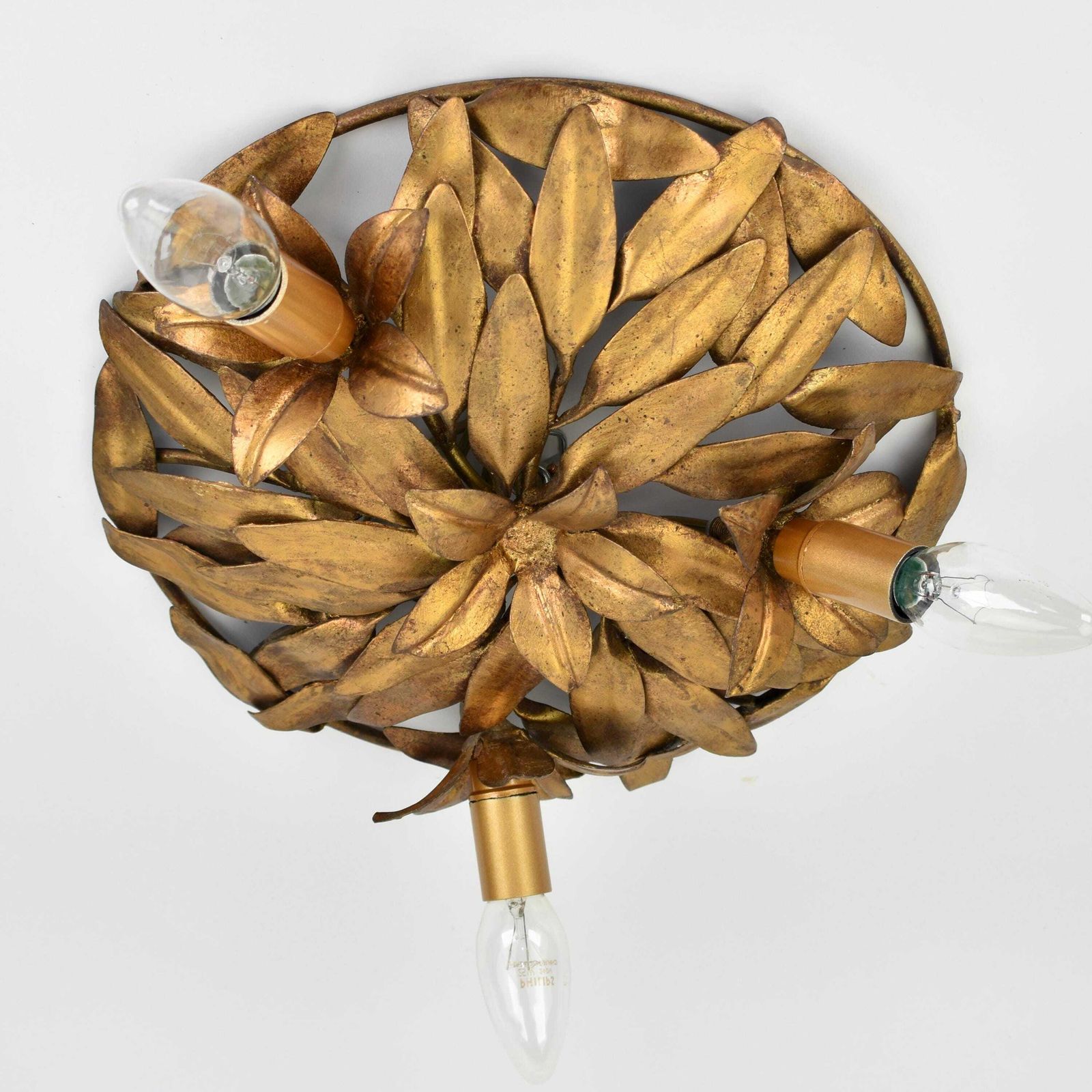 Mid Century Italian Flush Mount Flower Leafs | Vintage Toleware Ceiling Light Fixture Gold Gilded Florentine Lamp Hollywood Regency 1950s photo buy