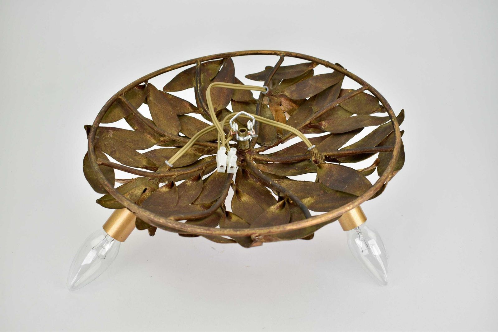photo for sale Mid Century Italian Flush Mount Flower Leafs | Vintage Toleware Ceiling Light Fixture Gold Gilded Florentine Lamp Hollywood Regency 1950s