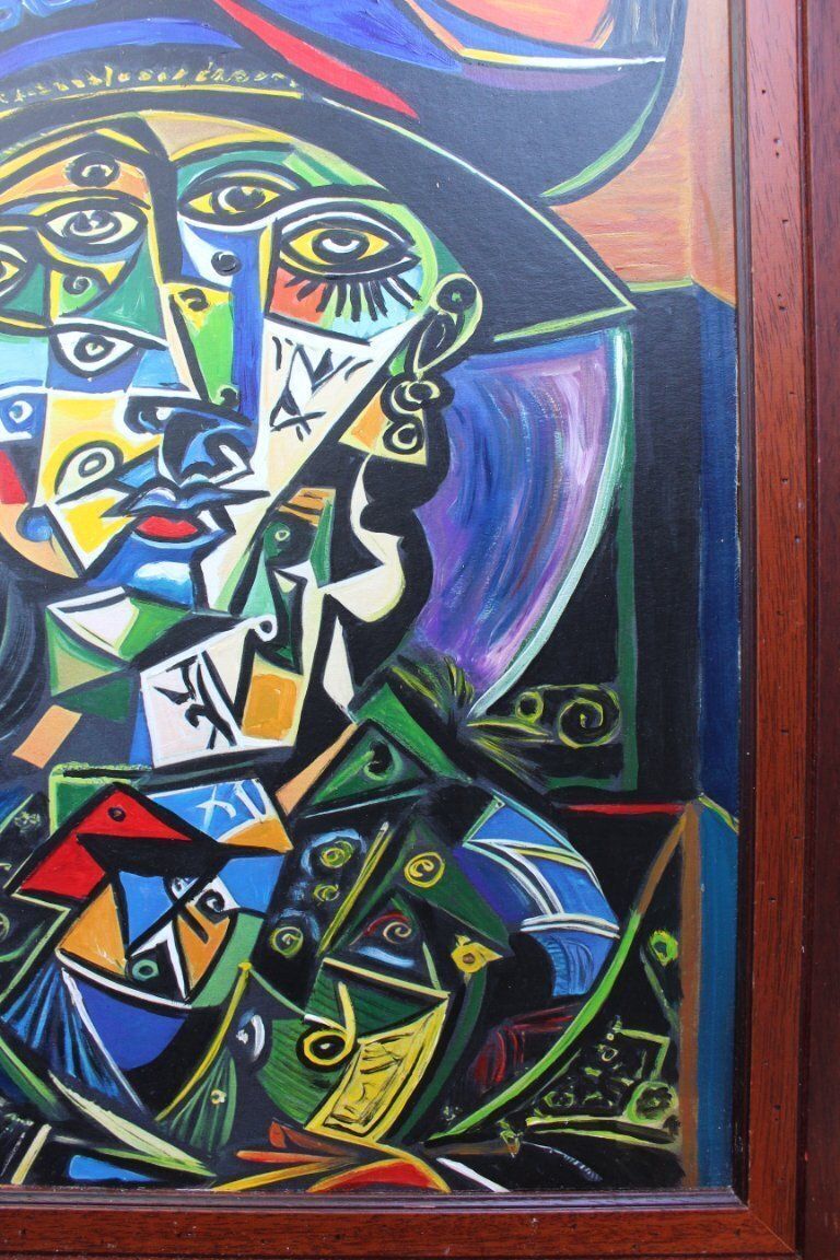 Contemporary Cubist Style Figurative Acrylic Modernistic Painting After Pablo Picasso, Circa 1980 photo vinterior