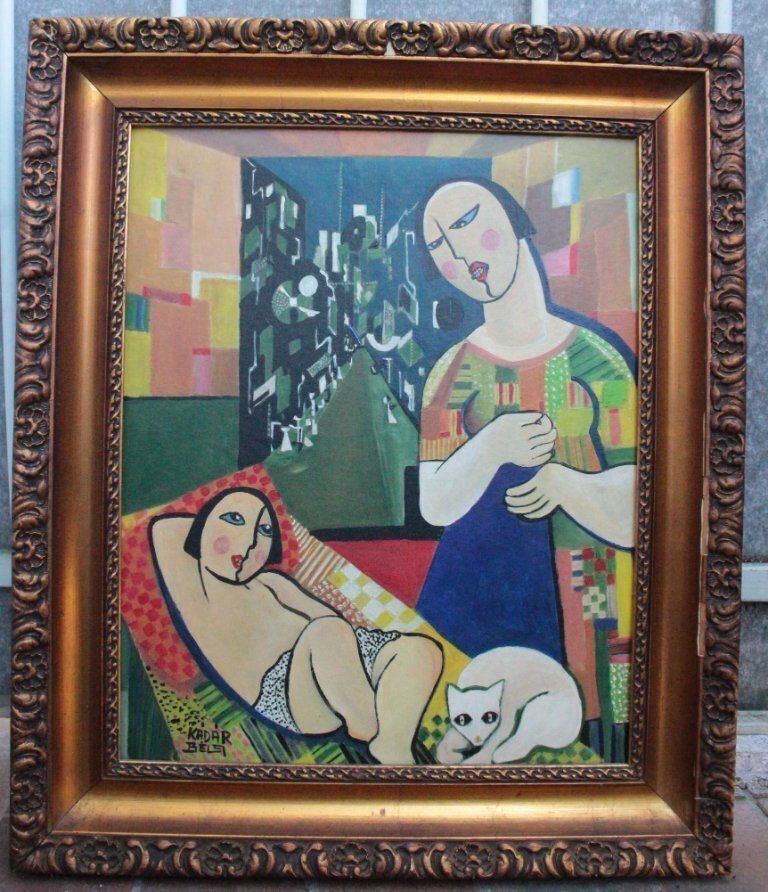 1960s Béla Kádár (Attr.) Modernist Figural Composition Nude And Cat photo for sale