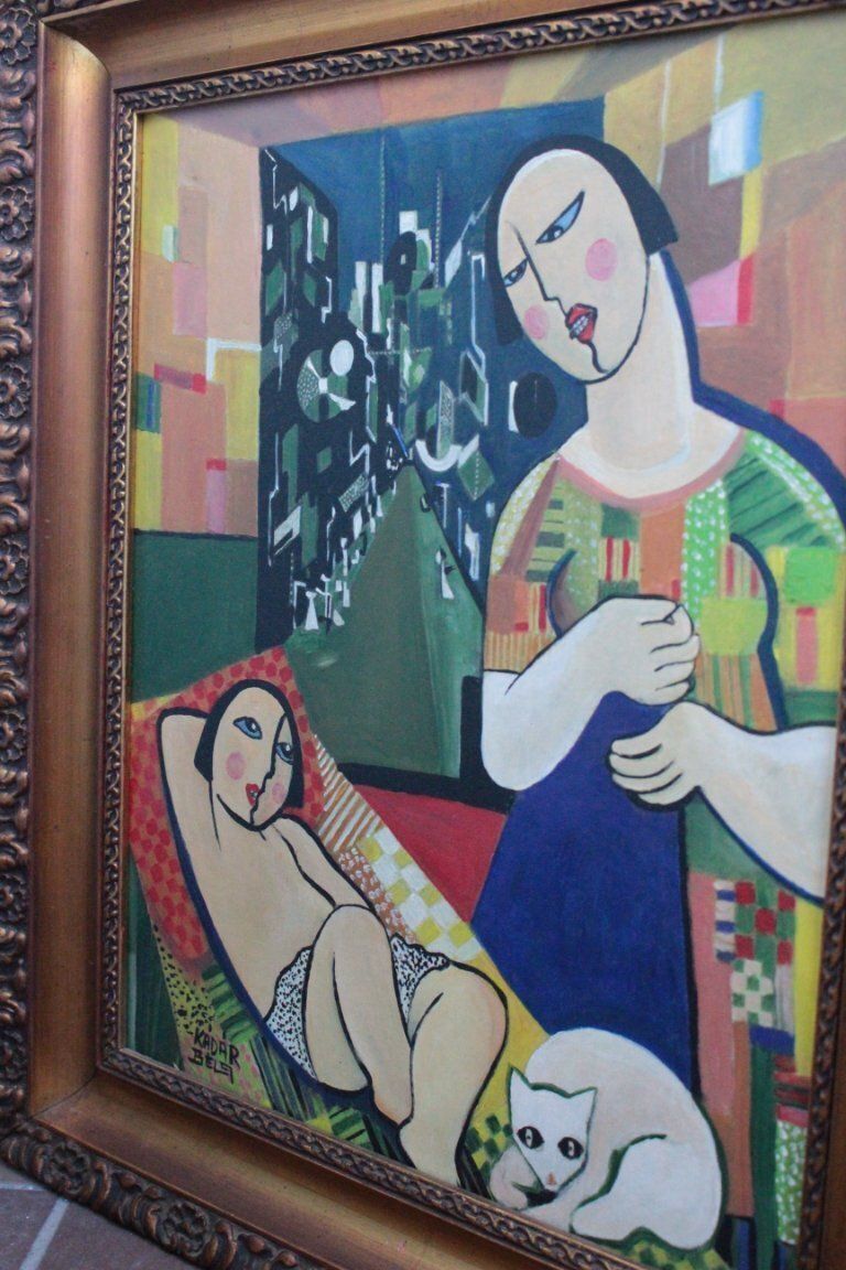 Kunst 1960s Béla Kádár (Attr.) Modernist Figural Composition Nude And Cat photo