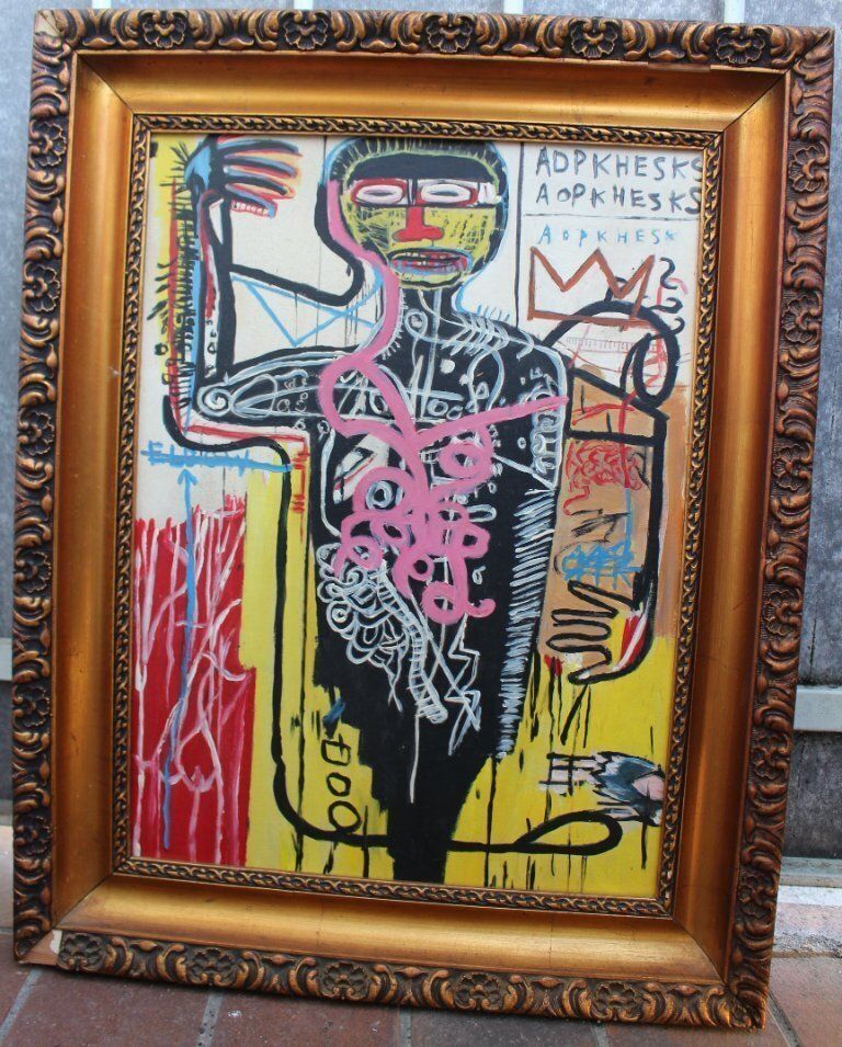 1970s Vintage Abstract Basquiat Style Framed Painting