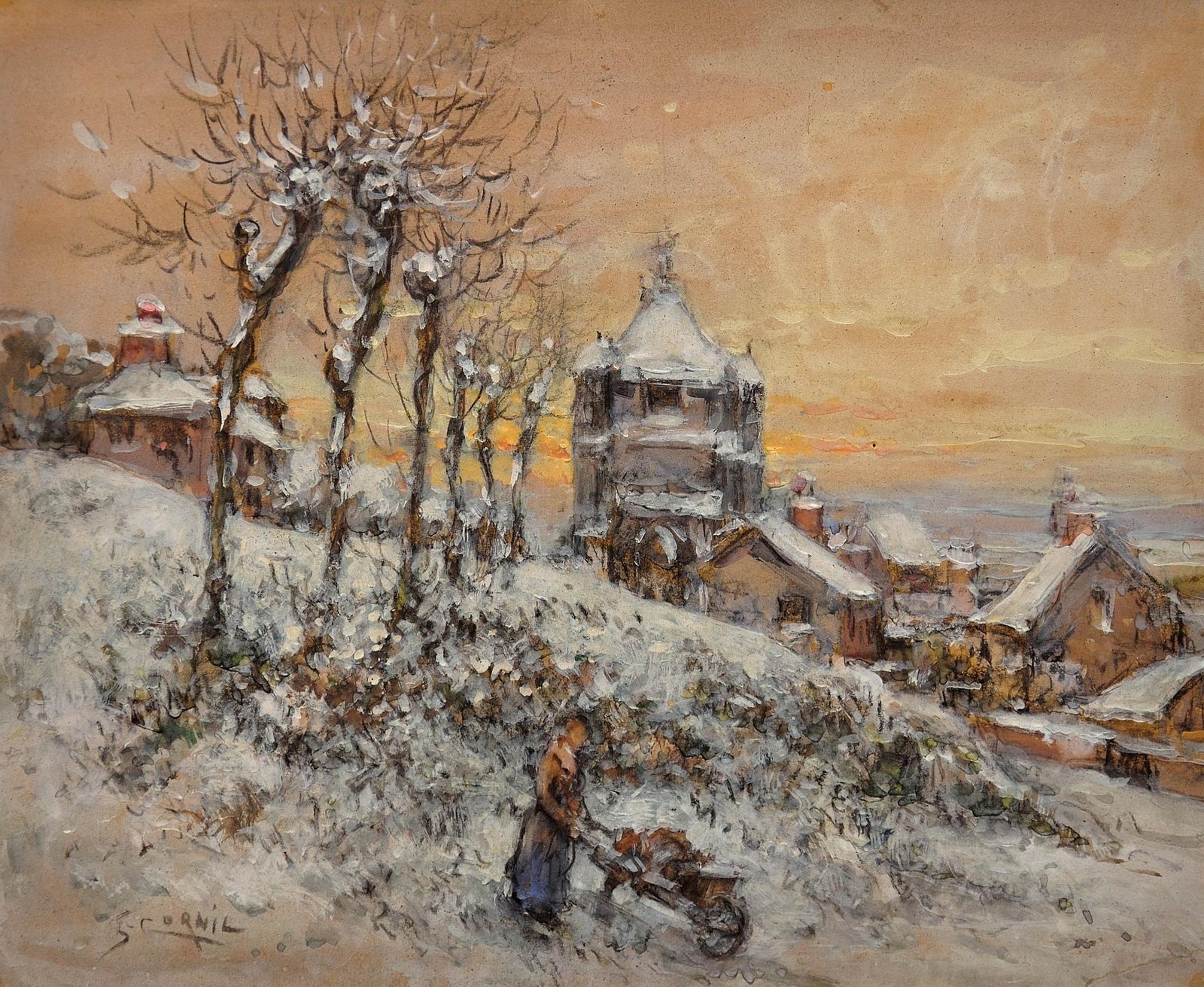 Gaston Cornil 1883 To 1940. French. Gathering Winter Fuel. Récupérant Du Carburant Pour L’hiver. Time Of The Great War. Framed Watercolour & Gouache. photo furniture