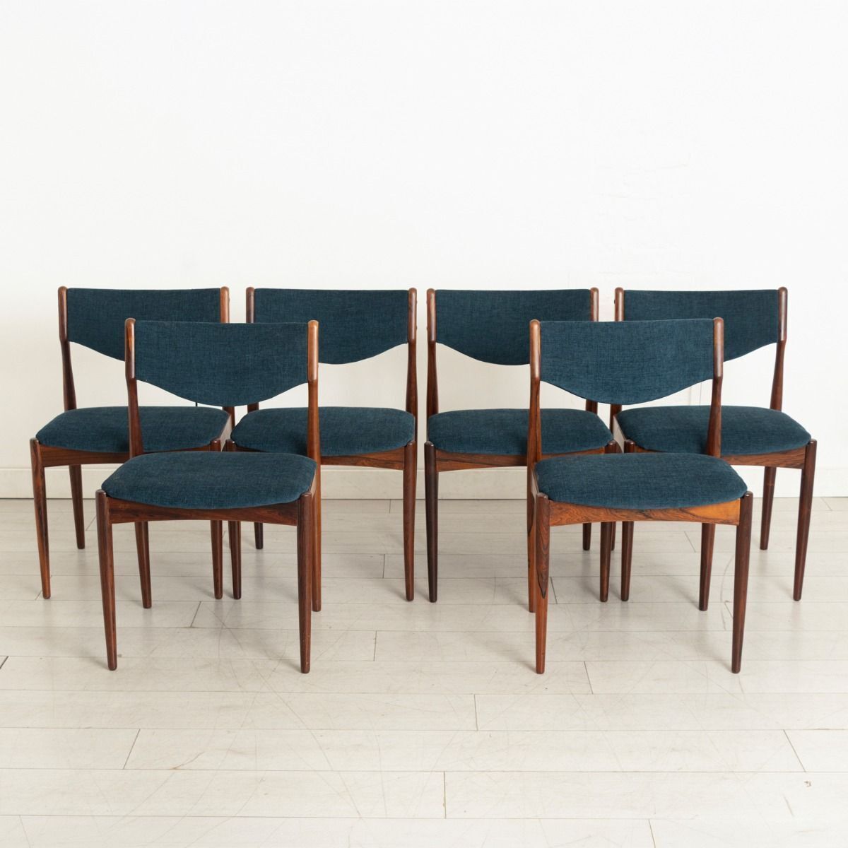 Set Of 6 Danish Midcentury Rosewood Dining Chairs With Blue Fabric Upholstery C.1960s