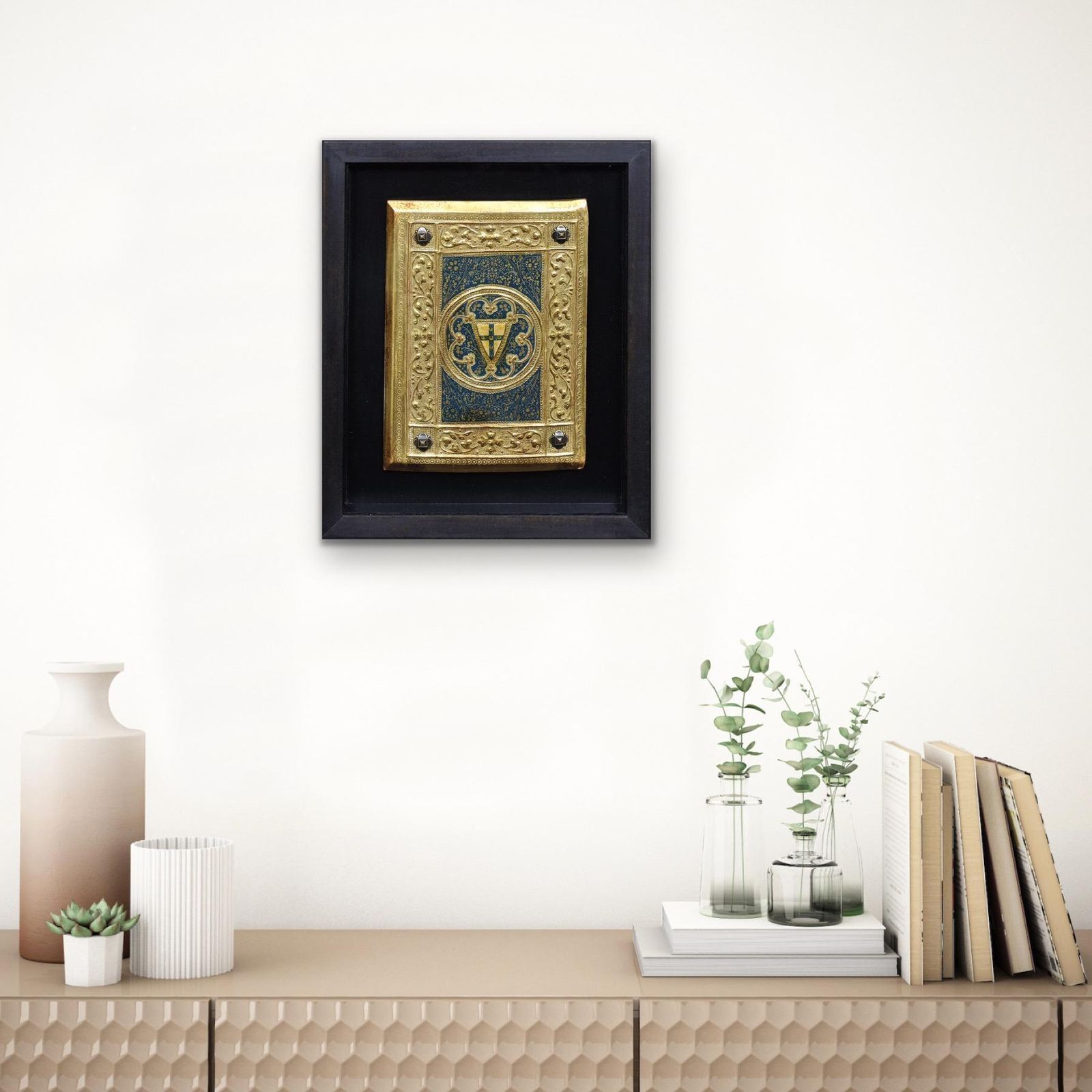 photo vintage Icilio Federico Joni 1866 To 1946. Italian. Painted Wood Tavolette Book Cover Binding. The Biccherna Aesthetic. Framed. Siena. Sienese. Tuscany.