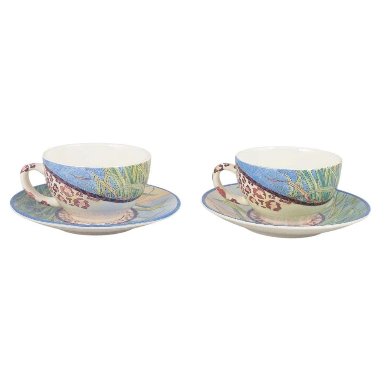 Gien, « Savane ». Paire de tasses à café en faïence avec soucoupes assorties.