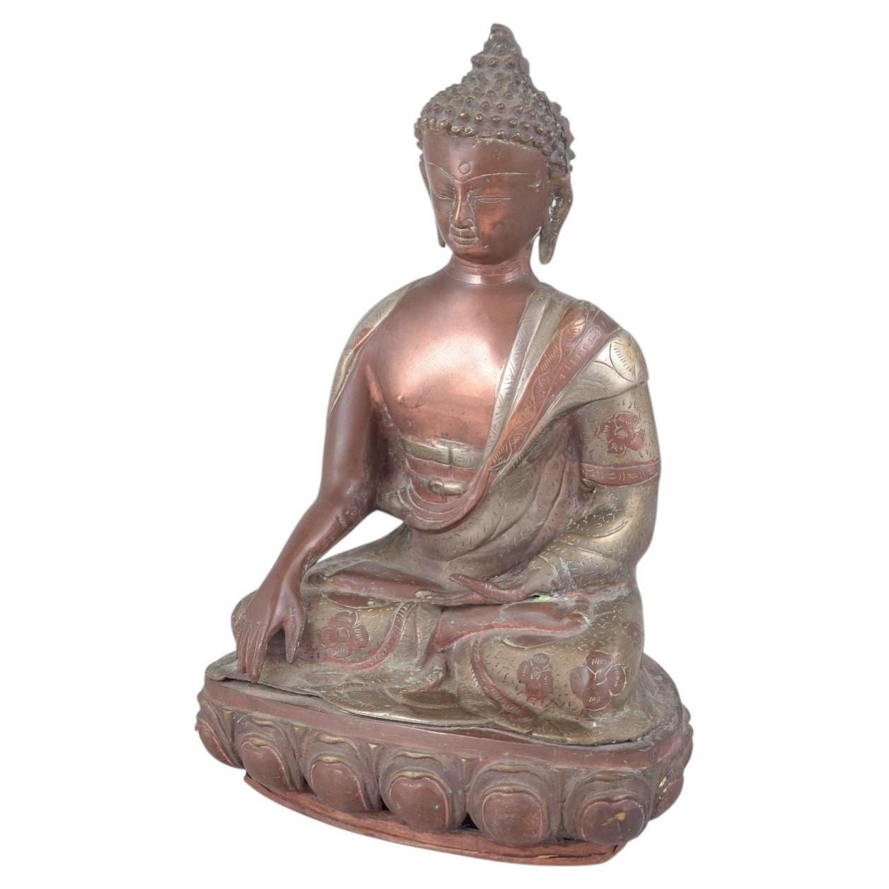 Large Seated Buddha Figure In Patinated Bronze. Asia, 19th C