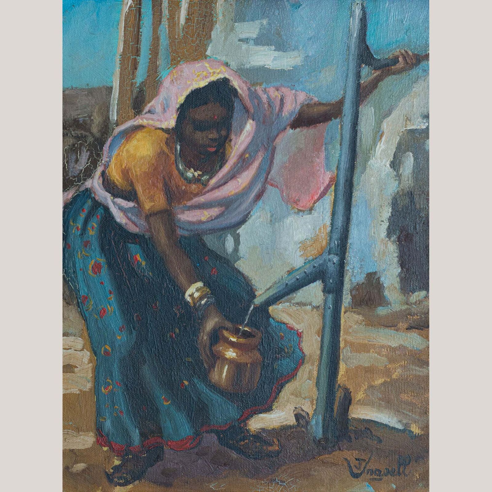 Vintage olieverfschilderij van een Afrikaanse vrouw die water haalt, gesigneerd