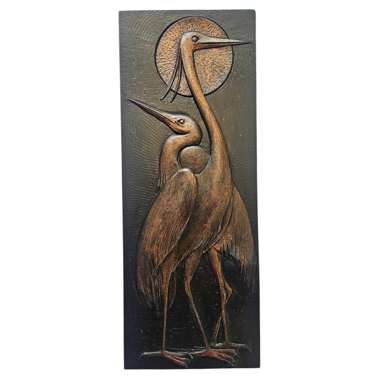 Zeldzaam houten wandreliëf met reigers, ca. jaren 1960