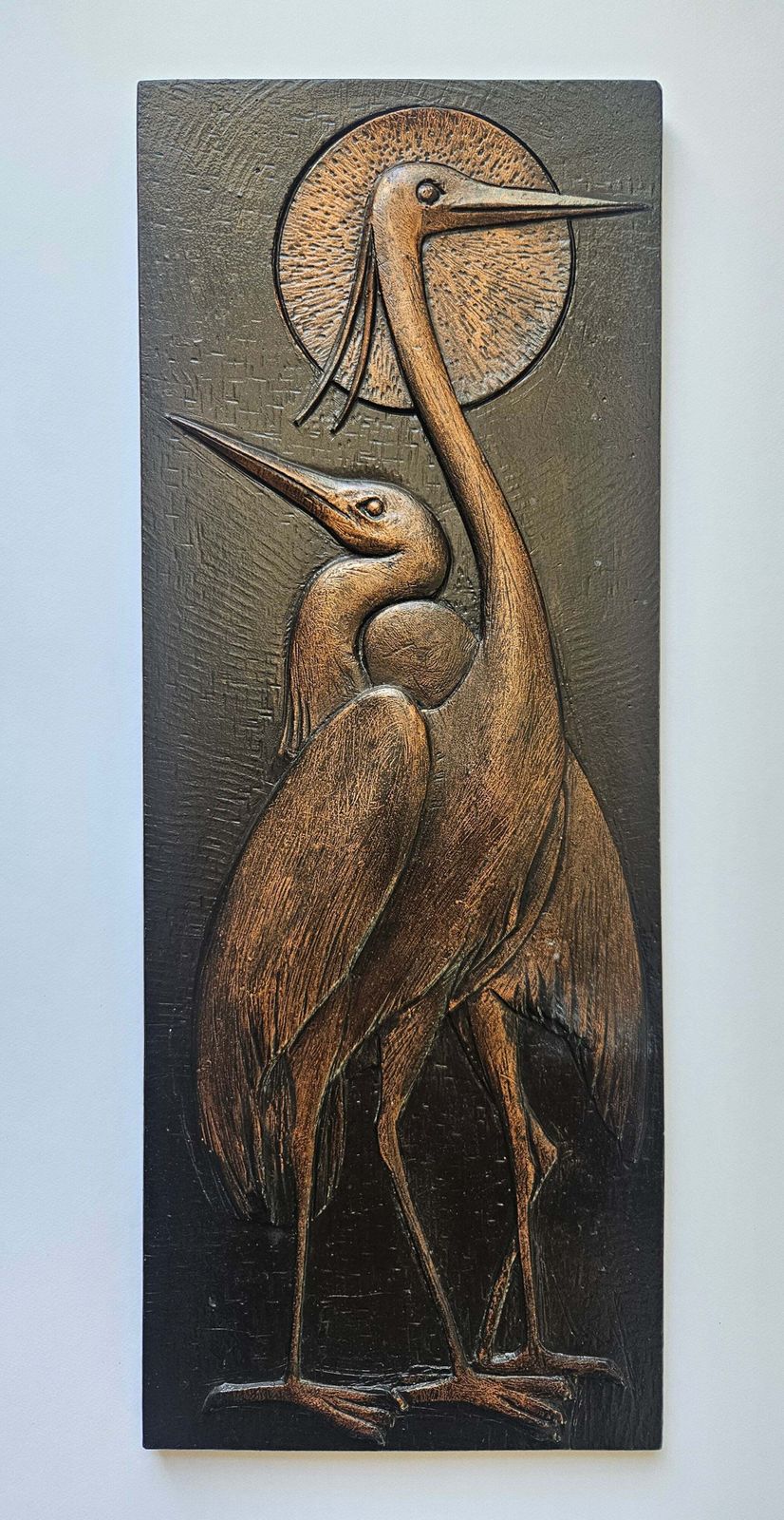 Zeldzaam houten wandreliëf met reigers, ca. jaren 1960 photo Kunst