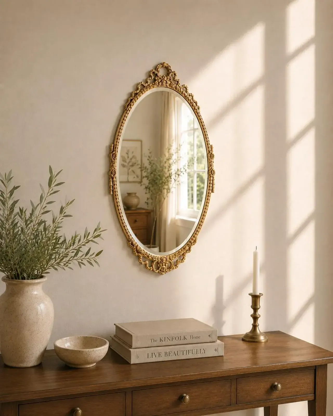 Mid Century Gold Gilt Oval Ornate Wall Mirror   Floral Swag Wood Framed Regency Rococo Bevel Edge Hollywood Glamour Bedroom Décor 27 X 14.5"