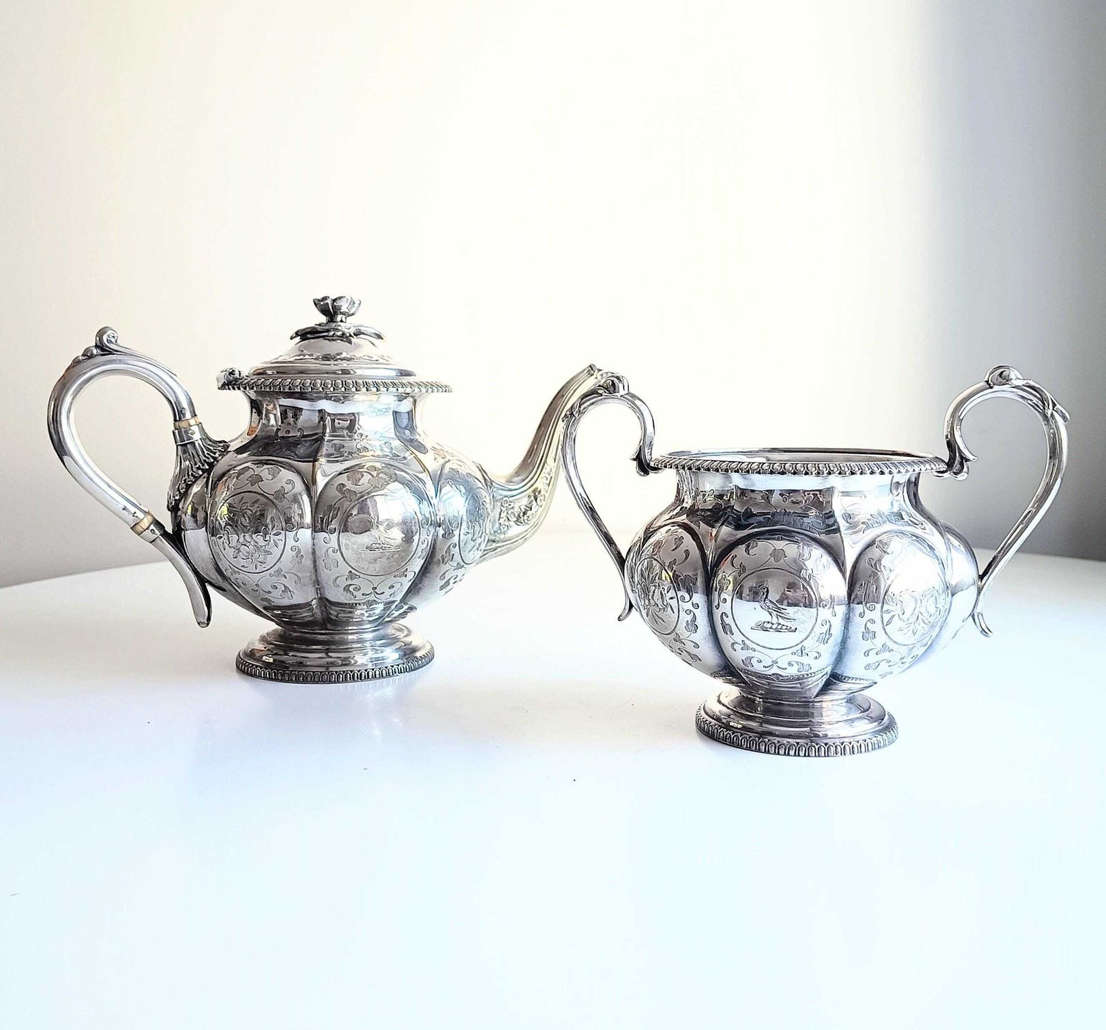 Antique W & G Sissons Silver Plated Teapot Biscuits / Sugar Bowl Melon Shape Pheasant Crest photo furniture