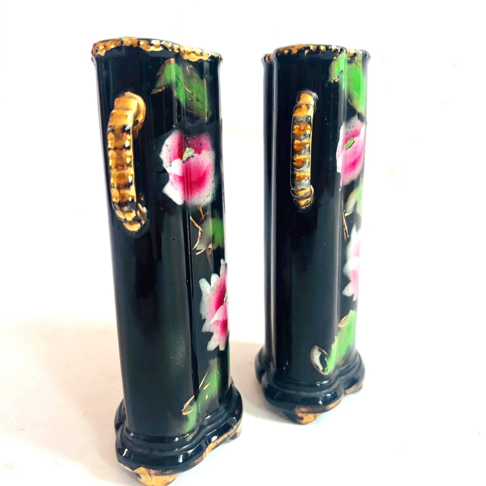 Paire de vases spill Winterton Ware noirs à décor floral d'époque, vers 1920 photo vinterior