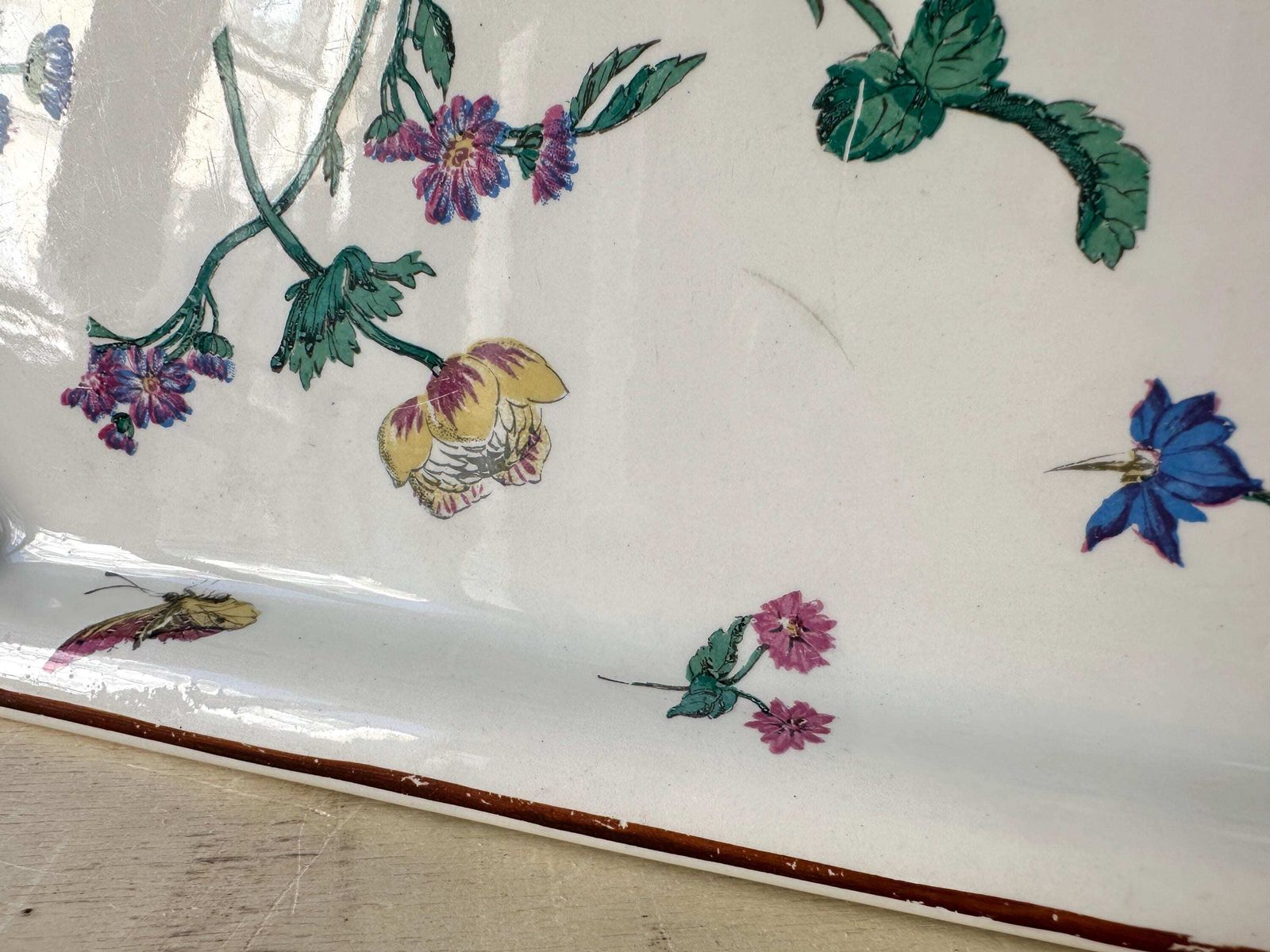 photo furniture Antique Gien "Marseille" Large Serving Tray, Floral Decor With Butterflies And Bee, French Earthenware