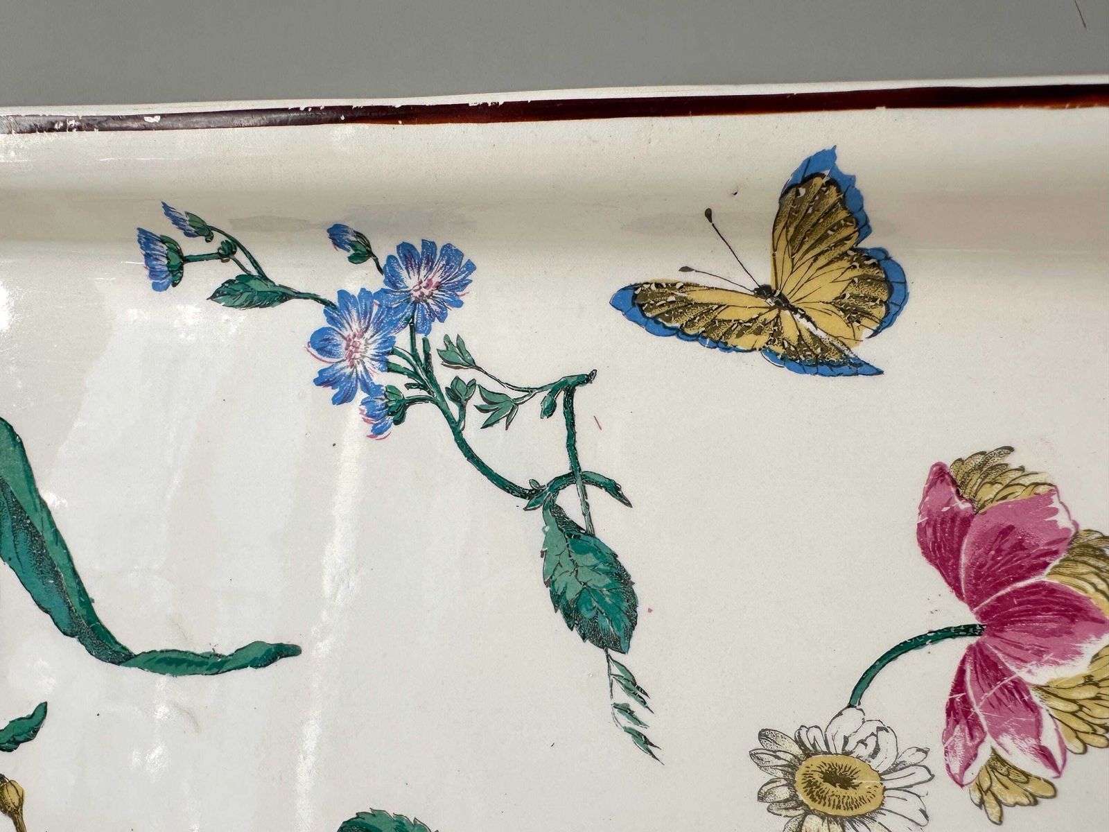 photo for sale Antique Gien "Marseille" Large Serving Tray, Floral Decor With Butterflies And Bee, French Earthenware