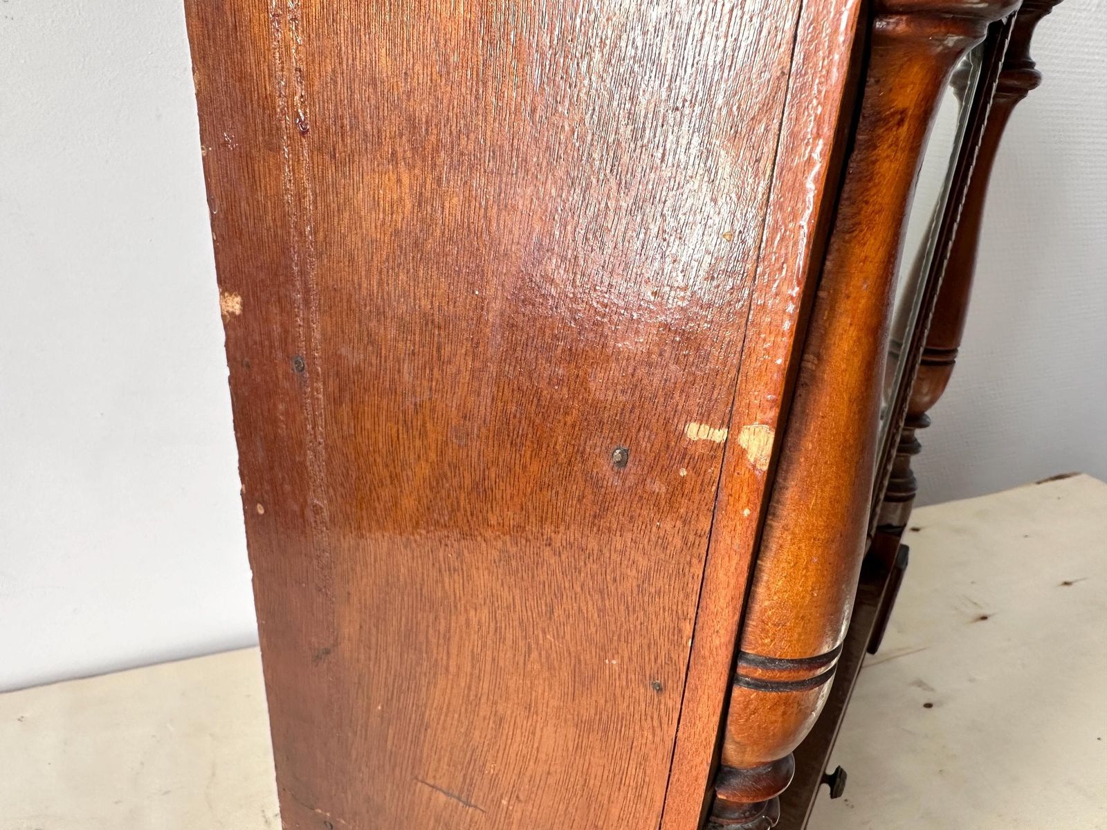 photo furniture Antique French Wooden Apothecary Cabinet, Medicine Chest With Beveled Mirror And Shell Pediment